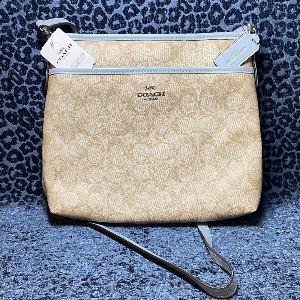 Coach Light Khaki & Pale Blue Signature Zip File Crossbody Bag